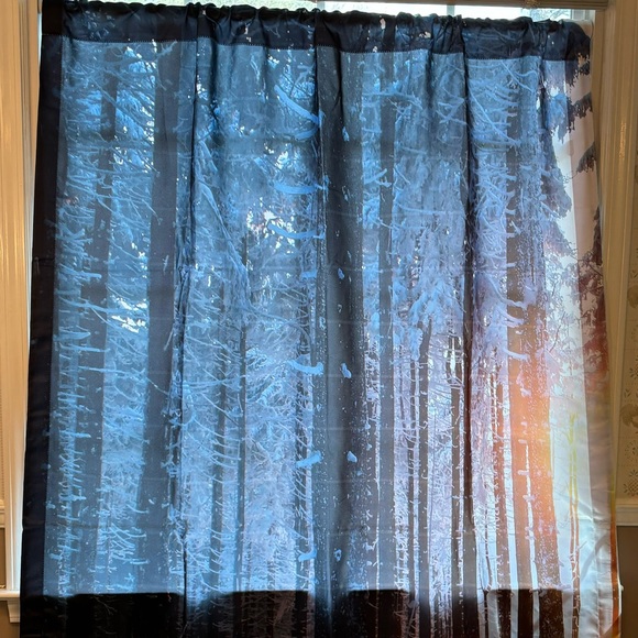 New Winter Wonderland Curtains, One Panel 54”Wx84”L, Sunset in snow-filled woods - Picture 2 of 11